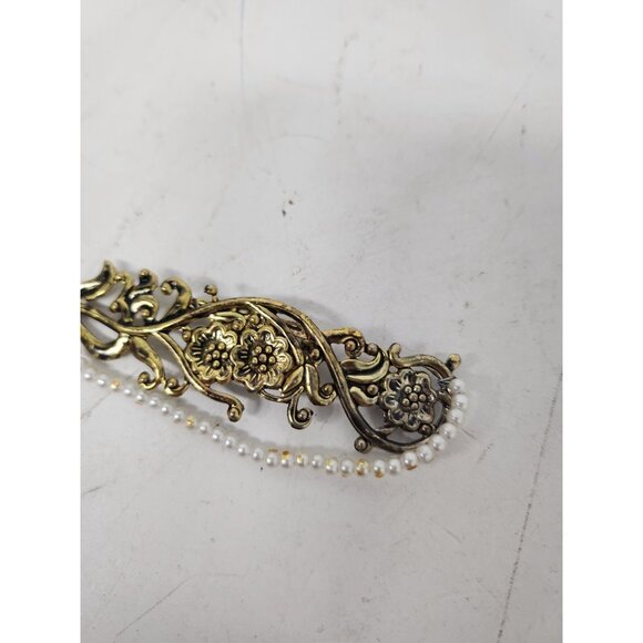 Vintage Brass Gold Tone Floral Design Brooch Pin With Beads Mid Century Modern - Picture 2 of 6